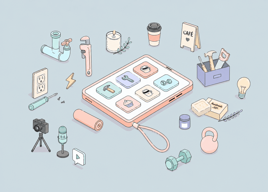 Illustration of local business tools floating around a phone showing a map